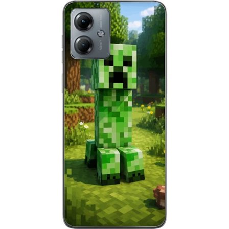 Kompatibelt Mobilskal till Motorola Motorola Moto G14 Block-baserad Creeper-figur i en grön pixell värld, ikonisk spelillustration för barnrum, gam