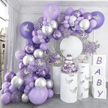 Heytea Baby Shower Dekorasjoner for Jente 140 stk Lilla Ballongkranssett Metallisk Lilla Sølv Ballongbue 12 stk Sommerfugl Klistremerker Konfetti For