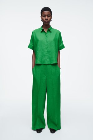 COS Women's Boxy Short-Sleeve Linen Shirt in Green