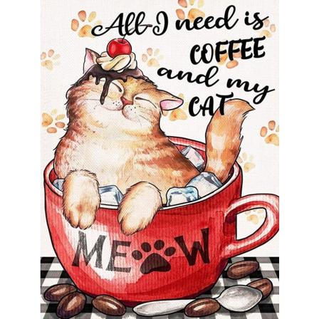 30x40CM Håndlaget 5D Art Diamond Maleri - Kaffe Kopp Katt, egnet for voksne og barn, komplett diamant broderi håndverk