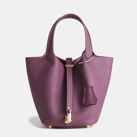 Stor Lærveske i Fiolett Ku-skinn, Bucket Bag for Pendling med Litchi-Mønster