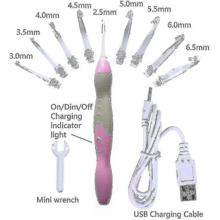 Lyste Heklekroksett, 9 Størrelser Utbyttbare Hoder 2,5 mm Til 6,5 mm Med Ergonomiske Grep, Oppladbare Lyste Heklekroker Komplett Sett For A