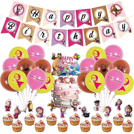 Bjørn og Masha Fødselsdagsfest Tilbehør, 32 stk Fødselsdagsfest Tilbehør Sæt Glad Fødselsdag Banner Dekoration Kage Toppers Latex Balloner Til Børn 