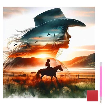 Diamond Art Kits til voksne - Cowgirl Diamond Painting Kits til voksne begyndere, DIY 5D Full Drill Hest Gem Art til hjemmevægsdekoration 35x35 cm/