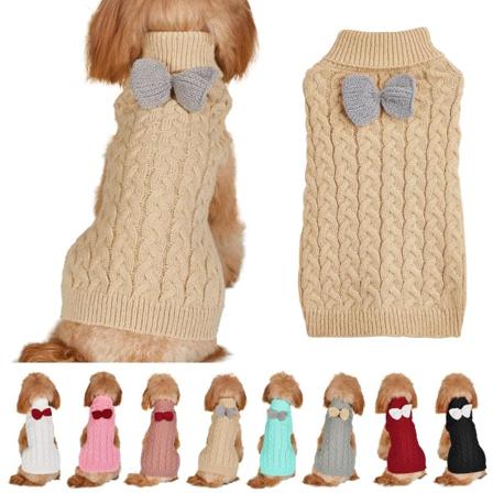 Hundetrøje med Høj Hals og Sløjfe - Varm Vintertrøje Strikket Trøje Hæklet Hundekåbe Julekostume til Små, Mellemstore og Store Hunde og Katte (S)