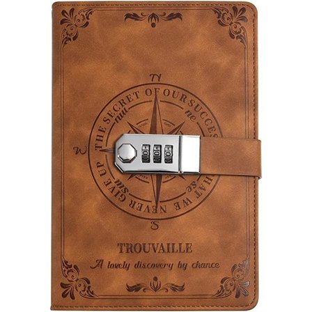 Journal, dagbok med lås, med pennholder og kortholder, egnet for personlig reisedagbok