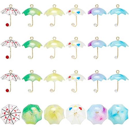 24 kpl 6 värin akryylisia sateenvarjo-koruja riipus kultapinnoitetuilla messinkilenkeillä ja muovisella jäljitelmähelmellä DIY-korvakoruihin, 