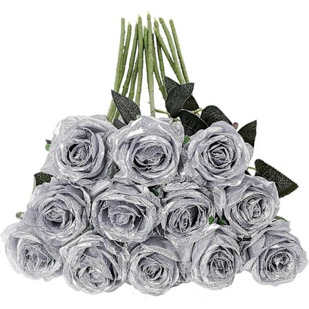 12 stk. Kunstige Roser, 50 cm Enkel Lang Stilket Falsk Rose (Sølv)