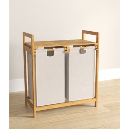 COSTWAY Fritstående bambusvasketøjskurv, 64 x 33 x 73 CM, med 2 snavsede vasketøjsposer, håndtag og øverste hylde, hvid