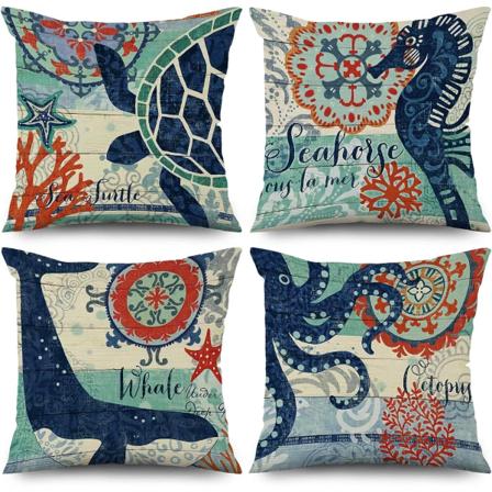 Galaxy Set med 4 stycken Retro Hippocampus Havssköldpadda Soffa Tvättbar Polyester Linne Textilklädsel (45 x 45 cm)