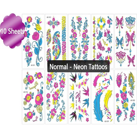 Neon Midlertidige Tatoveringer, Selvlysende UV Neon Tatoveringsklistremerker, Blomster Sommerfugl Fjær Fargerike Falske Vanntette Tatoveringer for 