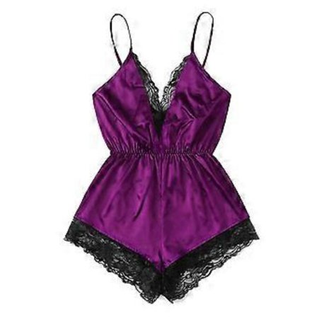 Sexig pyjamas för kvinnor med V-ringning, ärmlös body med spetsdetaljer i konstgjord satin, breda ben, rygglös nattklädsel (L lila)