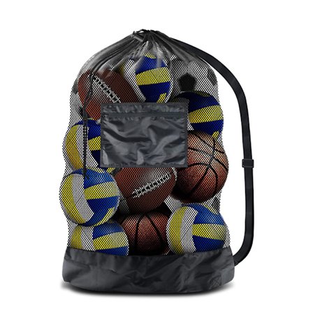 Suuri palloverkkokassi 10-15 pallolle kiristysnyörillä ja olkahihnalla, monitoiminen urheiluverkko