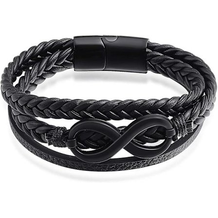 Håndlaget Lær Armbånd for Menn - Sort Flettet Tau Lær Armbånd med Uendelighetsmotiv