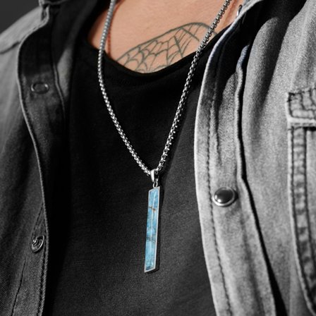 Orisun | Silver-Tone Stainless Steel Larimar Stone Line Pendant Necklace for Men - Steel necklaces