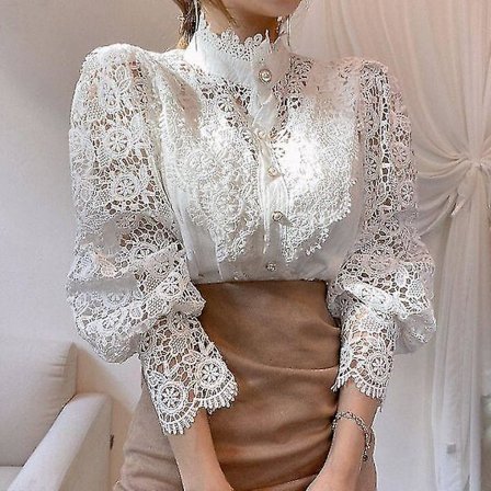 Naisten paidat Vintage Yksivärinen Valkoinen Pitsipaita Naisten Korean Nappi Löysä Paita Topit Ontto Kevät Rentti Naisten Puserot Valkoinen