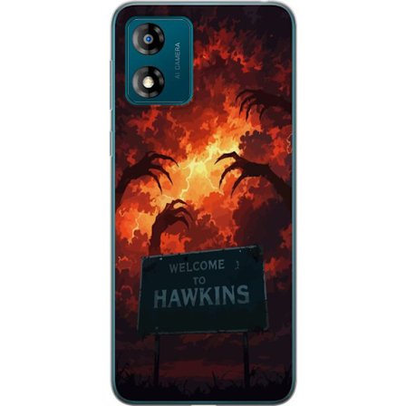 Kompatibel Mobilcover til Motorola Moto E13 Mørk apokalyptisk fantasy scene med brændende himmel og Hawkins-skilt i Stranger Things-stil