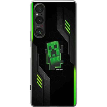 Yhteensopiva Puhelinkuori Sony Sony Xperia 1 V Vihreä pikselipohjainen peli-esitys, jossa on futuristisia neon-elementtejä ja tumma tech-tausta, tä