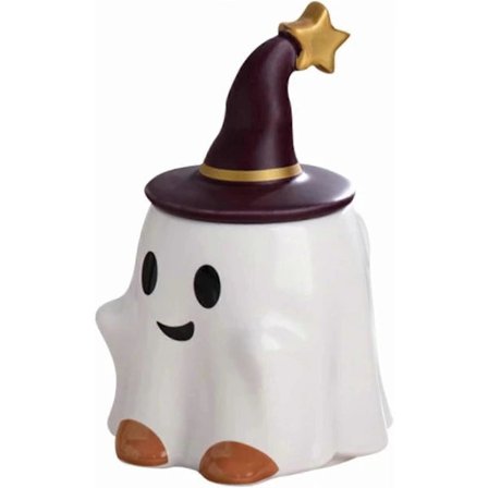 【PP】Rolig tekopp, Keramisk 33 cl Halloween kaffemugg med lock – Vänligt spöke (Vit)