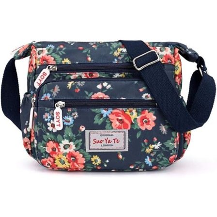 Dame Multi-Pocket Casual Crossbody Håndtasker Vandtæt Nylon Skuldertasker (Blomstret-Blå)