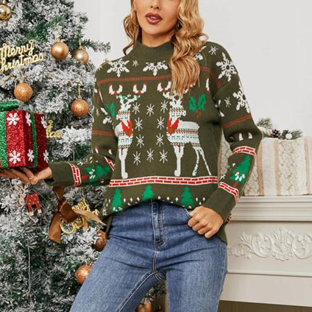 Damtröja Med Rund Hals, Julgranstryck Print Jumper Baggy