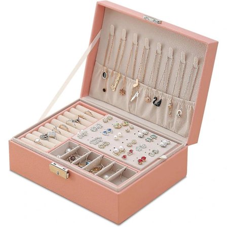 Rejsetaske til smykker, kunstlæder, lille smykkeorganisator til kvinder og piger, dobbeltlags bærbar mini-rejsetaske til opbevaring og fremvisning a..