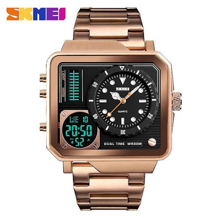 Mænds Digitale Sportsur, Kvadratisk Baggrundsbelyst Vandafvisende Digitalt Analogt Ur - Roséguld