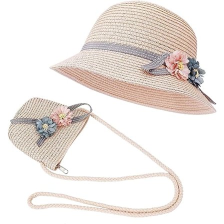 Solhatt for jenter og barn, sommerhatt i strå med liten veske (52 cm)