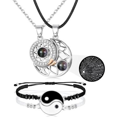 Matchende Halskæde Armbåndssæt til Par BFF, 100 Sprog Jeg Elsker Dig Magnetisk Sol & Måne Projektionshalskæder Yin Yang Armbånd Justerbar Par Silver 