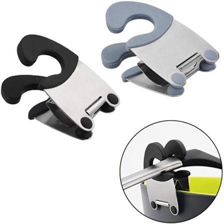 Gryteholder i rustfritt stål, varmebestandige håndtak i silikon og rustfritt stål, og brukervennlige grytefesteklips (svart og grå).