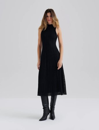 Malina Nessa Halterneck Pointelle Knitted Midi Dress - Black - M