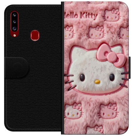 Yhteensopiva Lompakkokotelo Samsung Galaxy A20s Hello Kitty vaaleanpunainen pörröinen tausta, jossa on ikoninen kasvot ja kawaii-esteettisyys