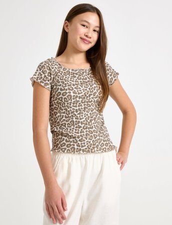 Lindex Top Rib With Curly Hem And Aop - Brown - 128