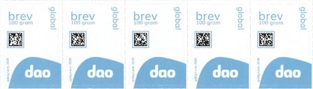 DAO brevmærker 100 gram Udland - Stribe med 5 brevmærker