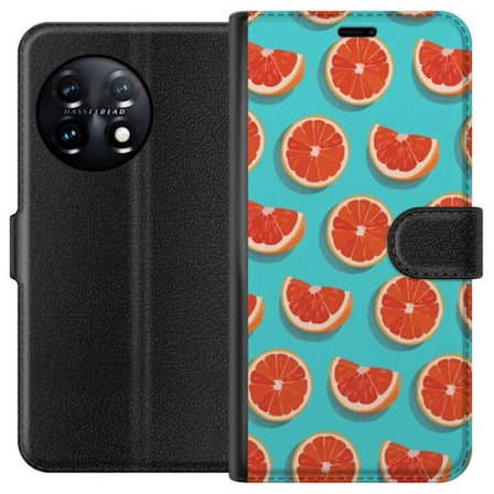 Kompatibelt Lommeboketui til OnePlus 11R Illustrert mønster med gjentatte grapefrukt skiver mot en turkis bakgrunn