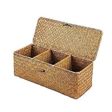 Yhteensopiva meriruohosta valmistetun säilytyskorin kanssa kannella, suorakulmainen pieni kudottu kori osastoilla, joka on yhteensopiva välipalojen ja