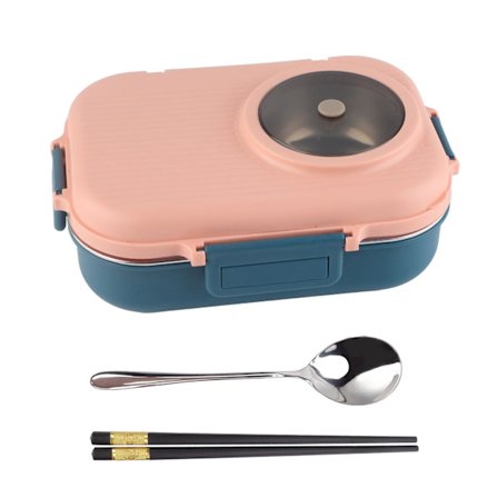 Rostfritt Stål Termos Lunchbox - 1100ml, Dubbellager, 3-Ruts Design, med Trästickor, Sked och Soppskål - Rosa