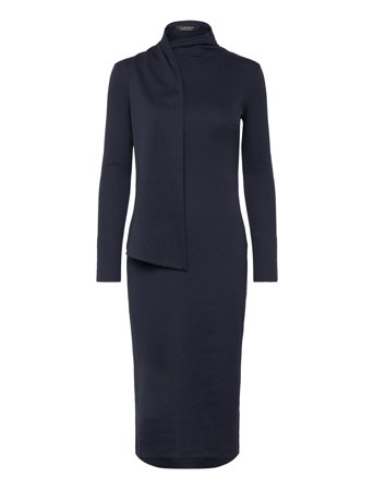 Lauren Ralph Lauren Scarf-Trim Cotton-Blend Rib-Knit Dress - Navy - M