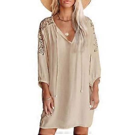 Dame V-hals kjole blonde trekvartærmer løs talje sommer afslappet kort kjole størrelse M