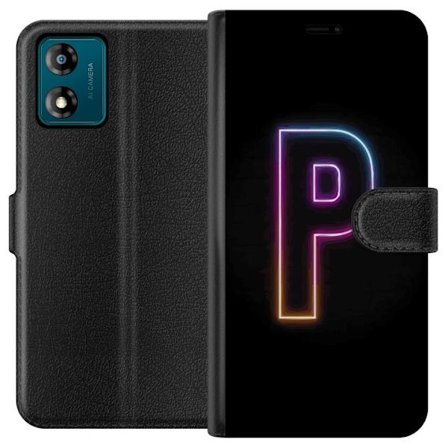 Kompatibel Tegnebogsetui til Motorola Motorola Moto E13 Minimalistisk neonbogstav P i farvegradient og lyseffekt mod sort baggrund i digital neonstil