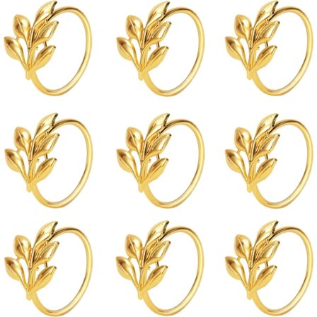 Set med 18 serviettringer i bladform, metall, gullfarget serviettholder til bord N