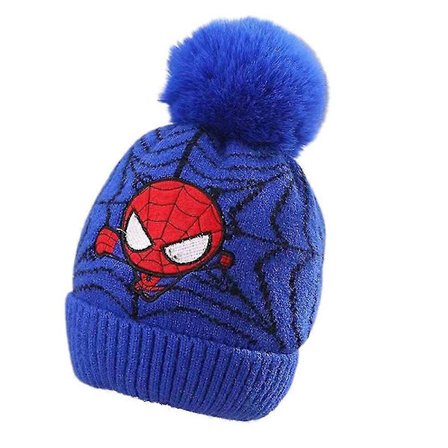 Gutter Spiderman strikket lue for barn, varm pom-pom tykk skihjelm