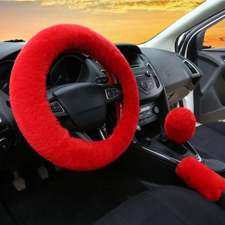 Sæt til kvinder Vintermode Uld Pels Blød Pelsagtig Dæksel Rød Fluffy Håndbremse Dæksel Dæksel Fuzz Varm Skridsikker-WELLNGS