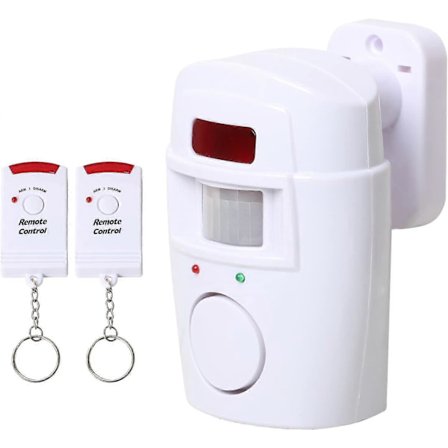 Trådløs bevegelsessensor alarm for hageskur, batteridrevet, for sommerhus, garasje, campingvogn med 2 fjernkontroller
