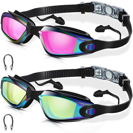 Svømmebriller 2 STK, Lækagesikre anti-dug UV-beskyttelse med næseklemme og ørepropper (Pink & Grøn)