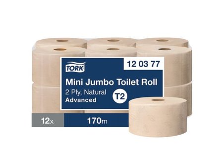 TORK Toalettpapper T2 Advanced Mini Jumbo 2-lag natur 12/fp - Lyreco - Städ och hygien - Toalettpapper och torkpapper - Toalettpapper - rulle