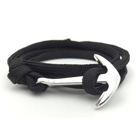 Trendigt Tygarmband Rep med Ankare i Metall Svart/Silver