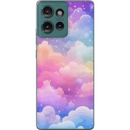 Kompatibelt Mobildeksel til Motorola Edge 50 Søt enhjørning med regnbuefarget hår mot en stjernebelagt pastellbakgrunn i kawaii-stil