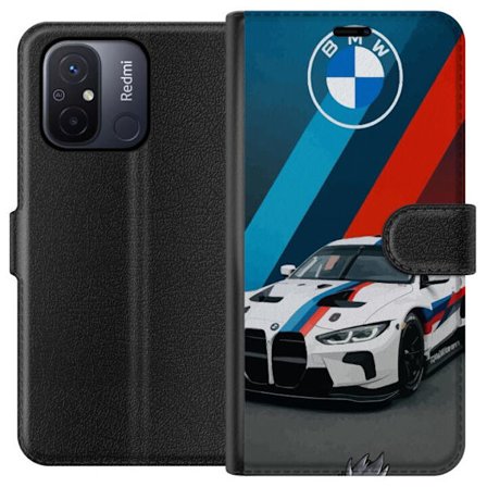 Xiaomi Redmi 12C Lommeboketui BMW M Sport design med hvit racerbil og klassiske M striper eksklusivt biltema perfekt for motorsportfans og BMW-entusia