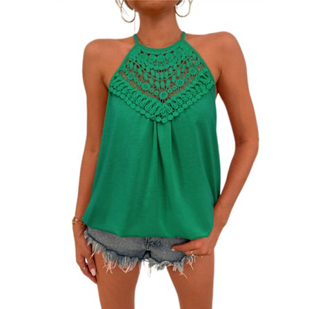 Kvinners sommerlige halterneck-spaghettistropp-bluser med blonder --- Grønn (størrelse S)